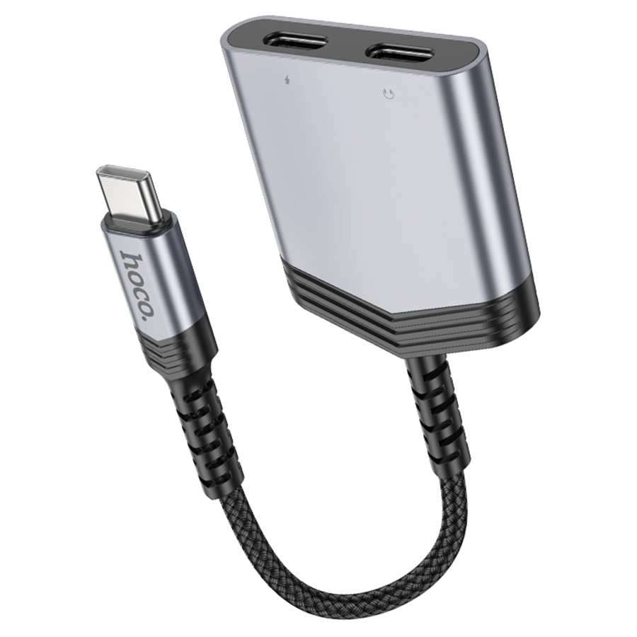 Переходник/Адаптер HOCO LS40 Type-C (m) - Dual Type-C (f), 8 см, серый металлик фото
