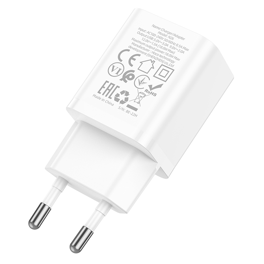 Сетевое зарядное устройство HOCO N26 Maxim 1xUSB, 3.0A, 18W, белый фото