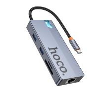 Переходник/Адаптер HOCO HB52 Wow 8 в 1 Type-C (m) - 2xUSB3.0 + Type-C PD + USB-C + HDMI + SD/TF + RJ45, 19 см, серый металлик фото