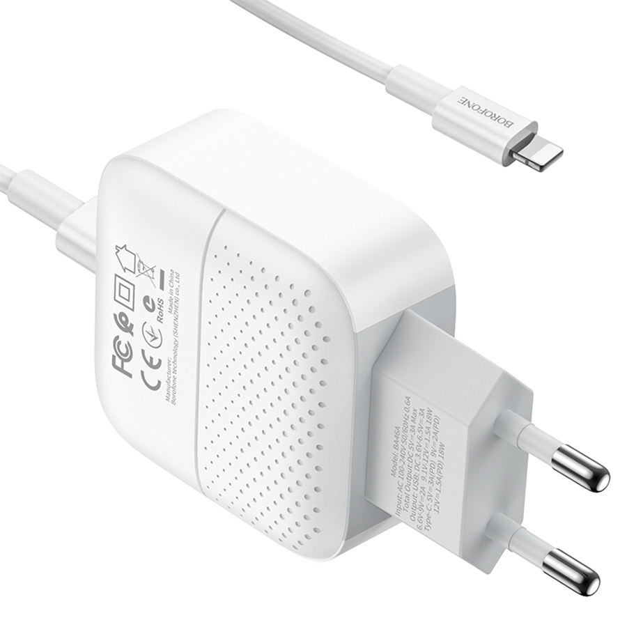 Сетевое зарядное устройство BOROFONE BA46A Premium 1xUSB + 1xUSB-C с Кабелем Type-C - Lightning, 3A, 18W, белый фото