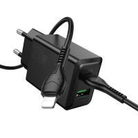 Сетевое зарядное устройство HOCO N69 Nuevo 1xUSB + 1xUSB-C с Кабелем Type-C - Lightning, 3A, 20W, черный фото