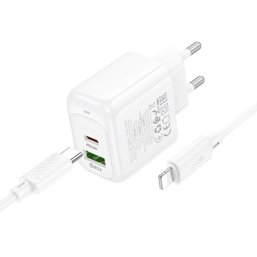 Сетевое зарядное устройство HOCO CS54A Surplus 1xUSB + 1xUSB-C с Кабелем Type-C - Lightning, 20W, белый фото