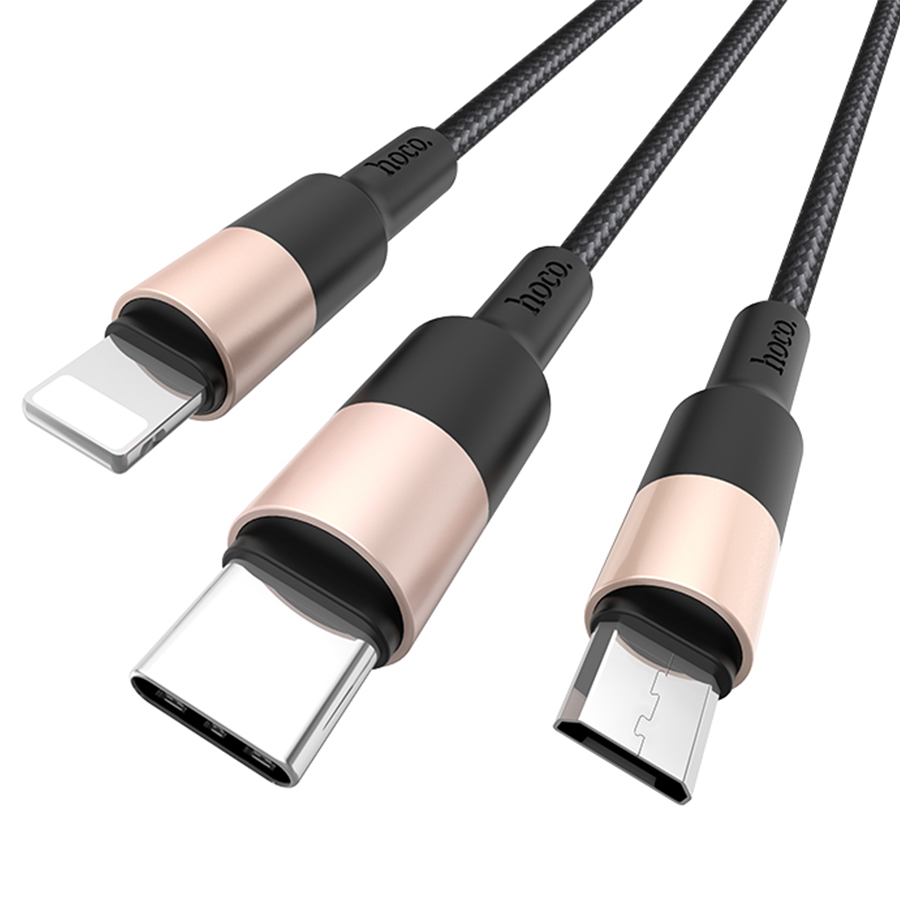 Кабель USB HOCO X26 Xpress 3 в 1 USB - Type-C + Lightning + MicroUSB, 2А, 1 м, черный+золотой фото