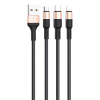 Кабель USB HOCO X26 Xpress 3 в 1 USB - Type-C + Lightning + MicroUSB, 2А, 1 м, черный+золотой фото