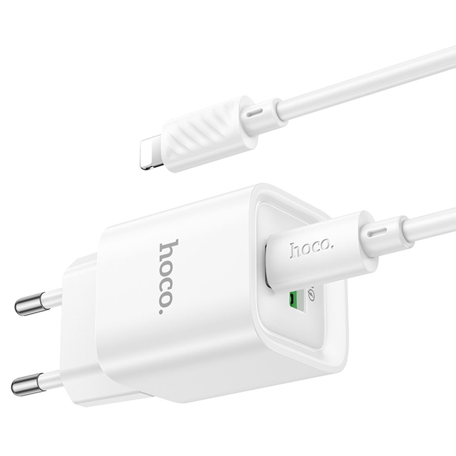 Сетевое зарядное устройство HOCO C147A Charm 1xUSB + 1xUSB-C с Кабелем Type-C - Lightning, 3A, 20W, белый фото