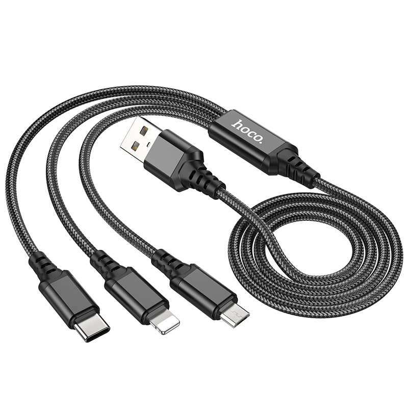 Кабель USB HOCO X76 3 в 1 USB - Type-C + Lightning + MicroUSB, 2А, 1 м, черный фото