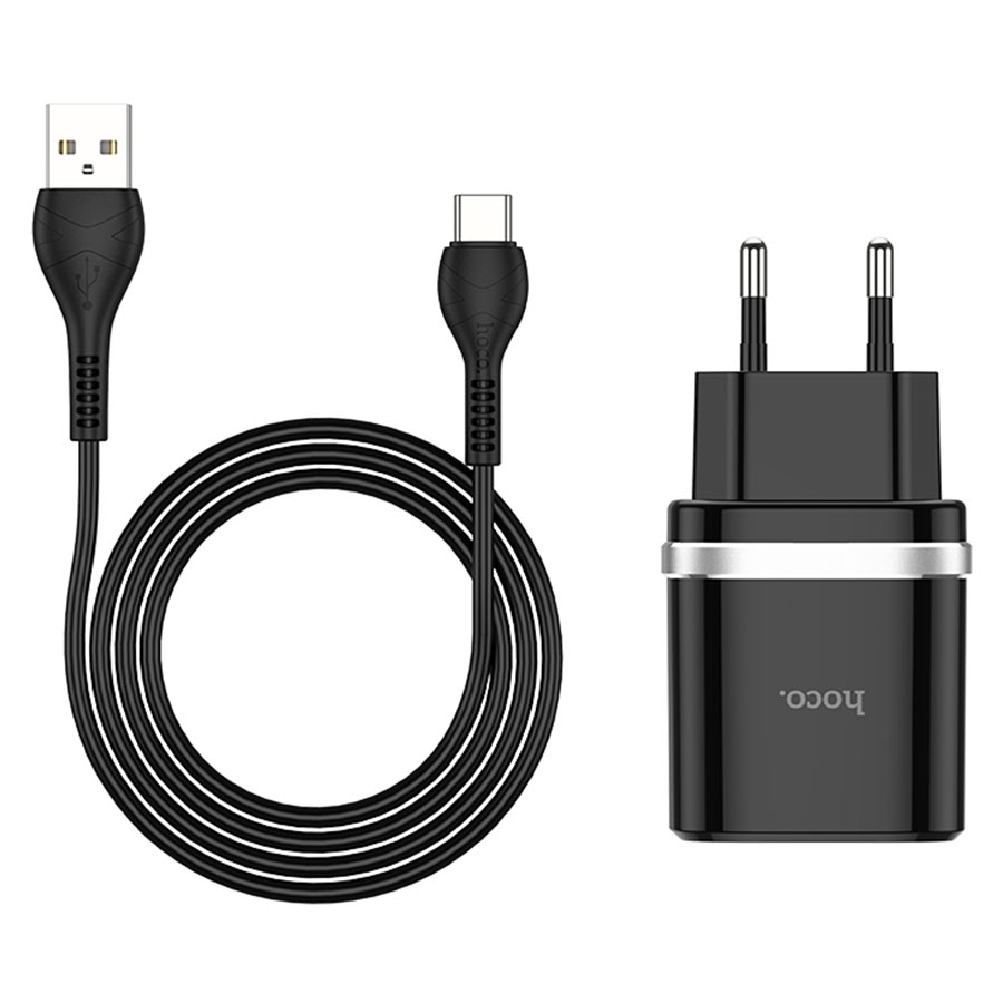Сетевое зарядное устройство HOCO C12Q Smart 1xUSB с Кабелем USB - Type-C, 3A, 18W, черный фото