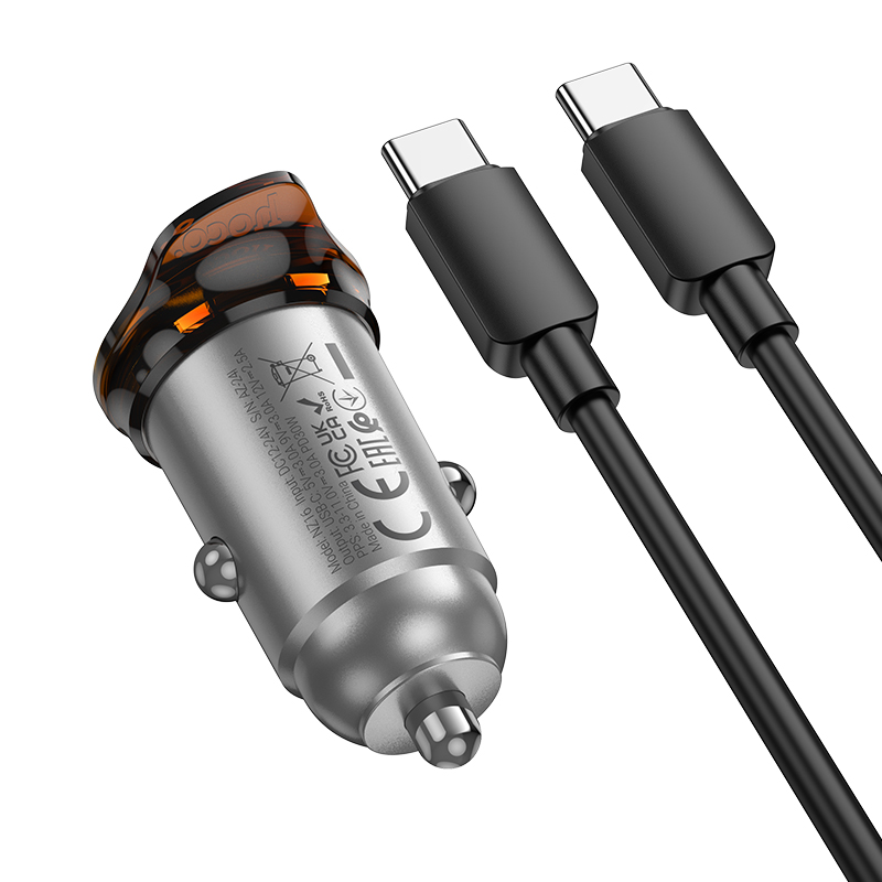 Автомобильное зарядное устройство HOCO NZ16 Rigorous, 1xUSB-C с Кабелем Type-C - Type-C, 30W, серый металлик фото