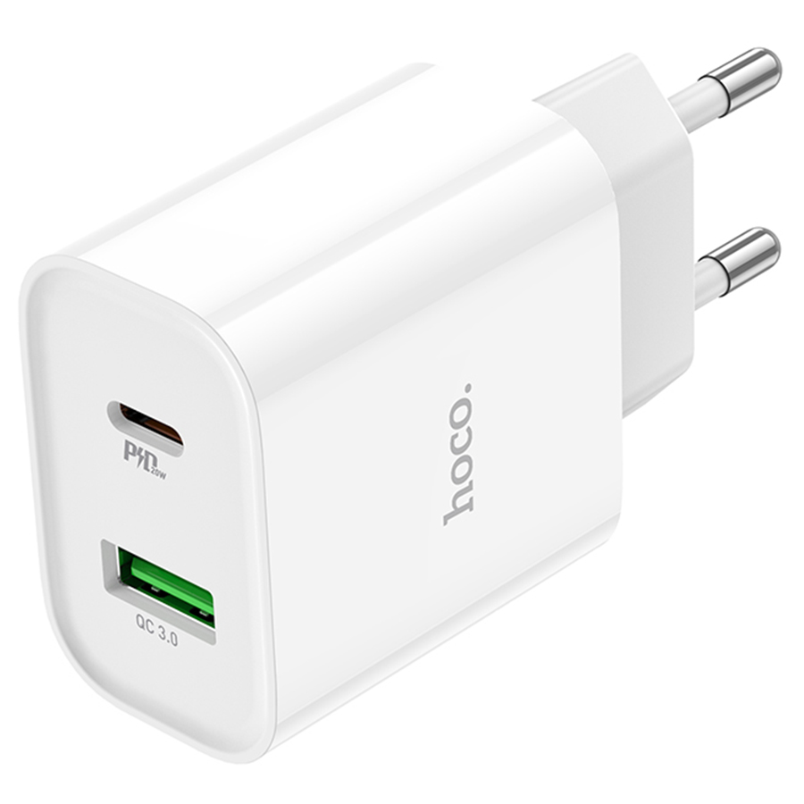 Сетевое зарядное устройство HOCO C80A Plus 1xUSB + 1xUSB-C, 3.0A, 20W, белый фото