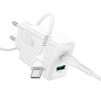 Сетевое зарядное устройство HOCO N69 Nuevo 1xUSB + 1xUSB-C с Кабелем Type-C - Type-C, 3A, 20W, белый фото