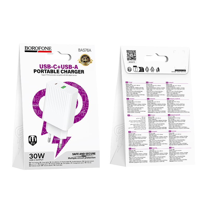 Сетевое зарядное устройство BOROFONE BAS76A Source 1xUSB + 1xUSB-C, 3A, 30W, белый фото