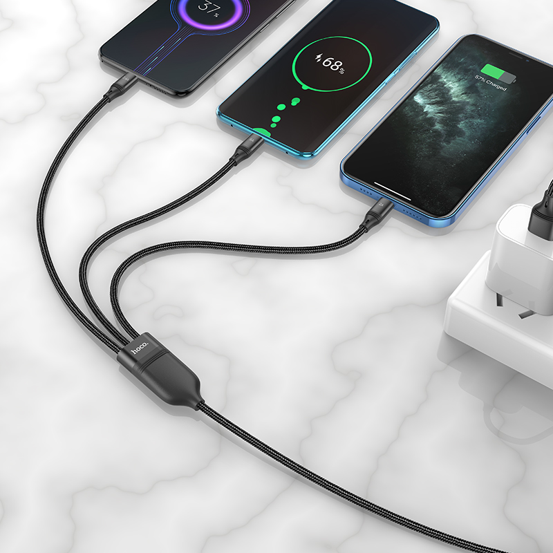 Кабель USB HOCO U104 3 в 1 USB - Type-C + Lightning + MicroUSB, 2А, 1 м, черный фото