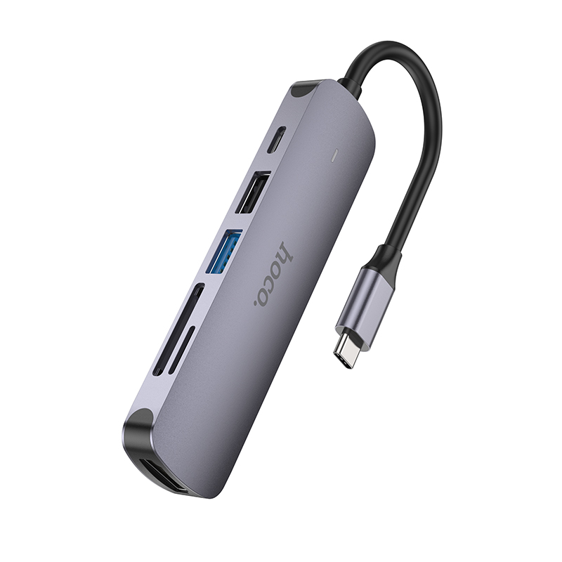 USB HUB разветвитель HOCO HB28 6 в 1 Type-C (m) - USB3.0 + USB2.0 + Type-C PD + HDMI + SD/TF, 14 см, серый металлик фото