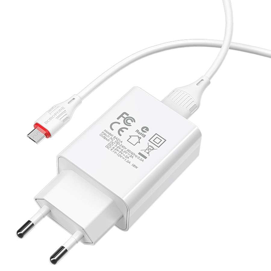 Сетевое зарядное устройство BOROFONE BA21A Long journey 1xUSB с Кабелем USB - Micro, 3A, 18W, белый фото