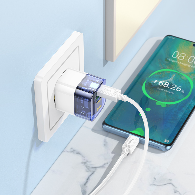 Сетевое зарядное устройство HOCO C131A Platinum 1xUSB + 1xUSB-C, 3A, 30W, прозрачный синий фото