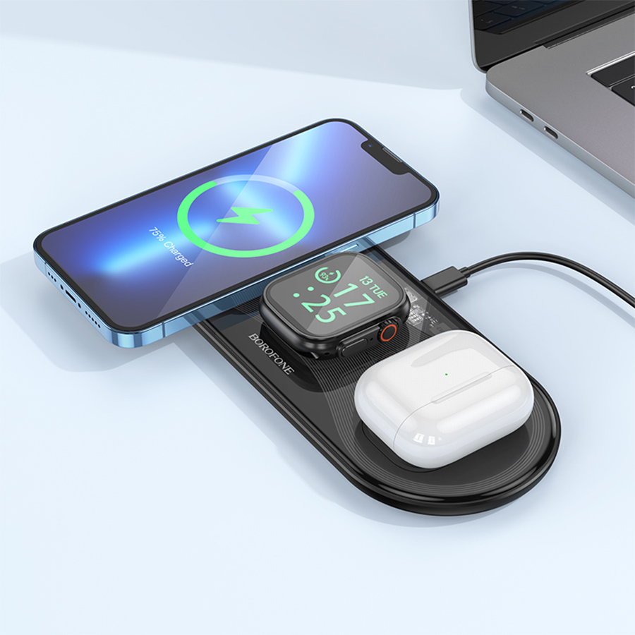 Беспроводное зарядное устройство BOROFONE BQ19 Powerful 3-in-1 для iPhone+Airpods+Apple Watch, 3A, 5W/7.5W/10W/15W, черный фото