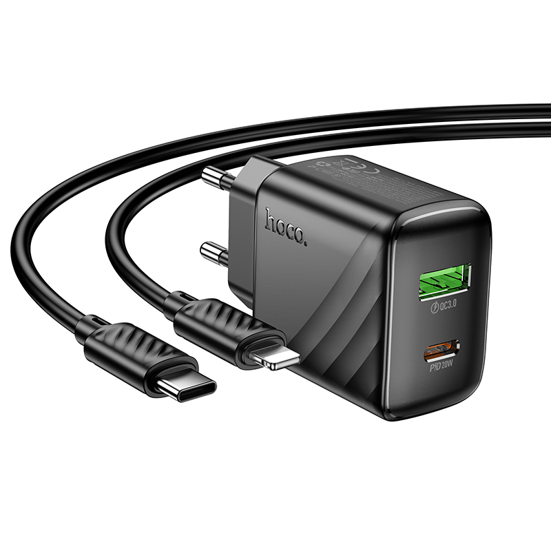 Сетевое зарядное устройство HOCO CS25A Rico 1xUSB + 1xUSB-C с Кабелем Type-C - Lightning, 3A, 20W, черный фото