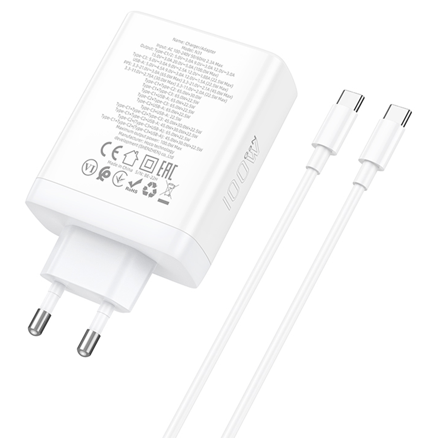 Сетевое зарядное устройство HOCO N31 Leader 1xUSB + 3xUSB-C с Кабелем Type-C - Type-C, 5A, 100W, белый фото