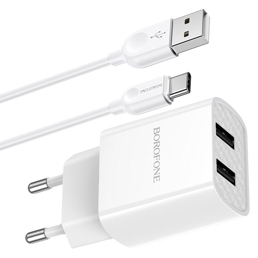 Сетевое зарядное устройство BOROFONE BA53A Powerway 2xUSB с Кабелем USB - Type-C, 2.1A, белый фото
