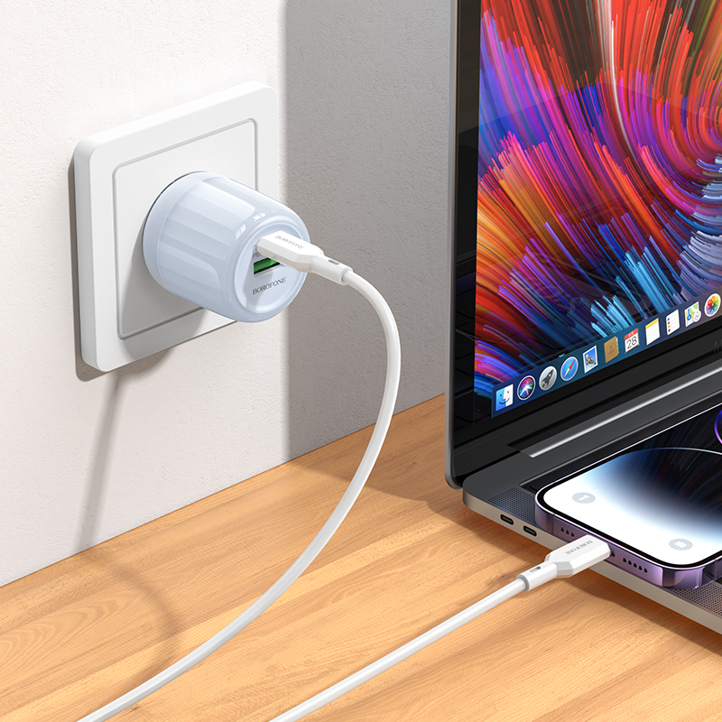 Сетевое зарядное устройство BOROFONE BA94A Lustrous 1xUSB + 1xUSB-C с Кабелем Type-C - Lightning, 3A, 30W, синий фото