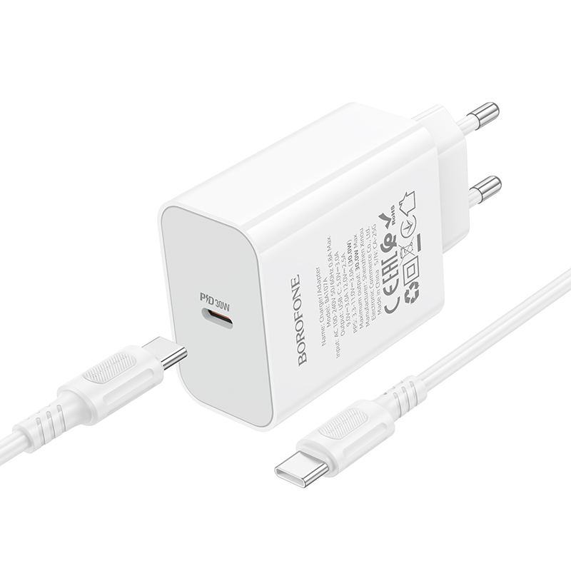 Сетевое зарядное устройство BOROFONE BA107A Stellar 1xUSB-C с Кабелем Type-C - Type-C, 30W, белый фото