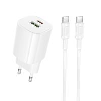 Сетевое зарядное устройство BOROFONE BA104A Pudding 1xUSB + 1xUSB-C с Кабелем Type-C - Type-C, 3A, 20W, белый фото