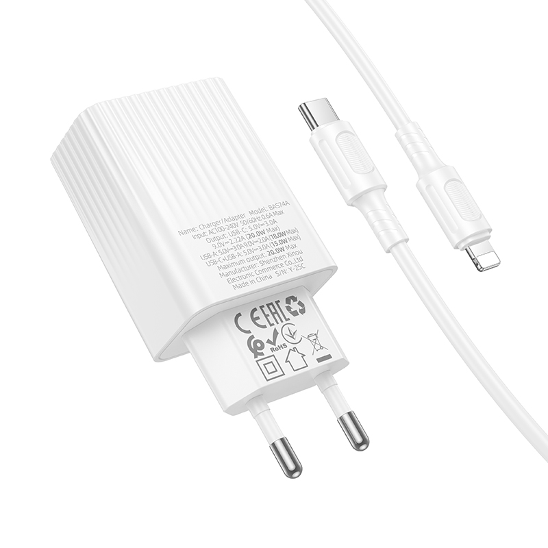 Сетевое зарядное устройство BOROFONE BAS74A Source 1xUSB + 1xUSB-C с Кабелем Type-C - Lightning, 3A, 20W, белый фото
