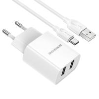 Сетевое зарядное устройство BOROFONE BA53A Powerway 2xUSB с Кабелем USB - Type-C, 2.1A, белый фото