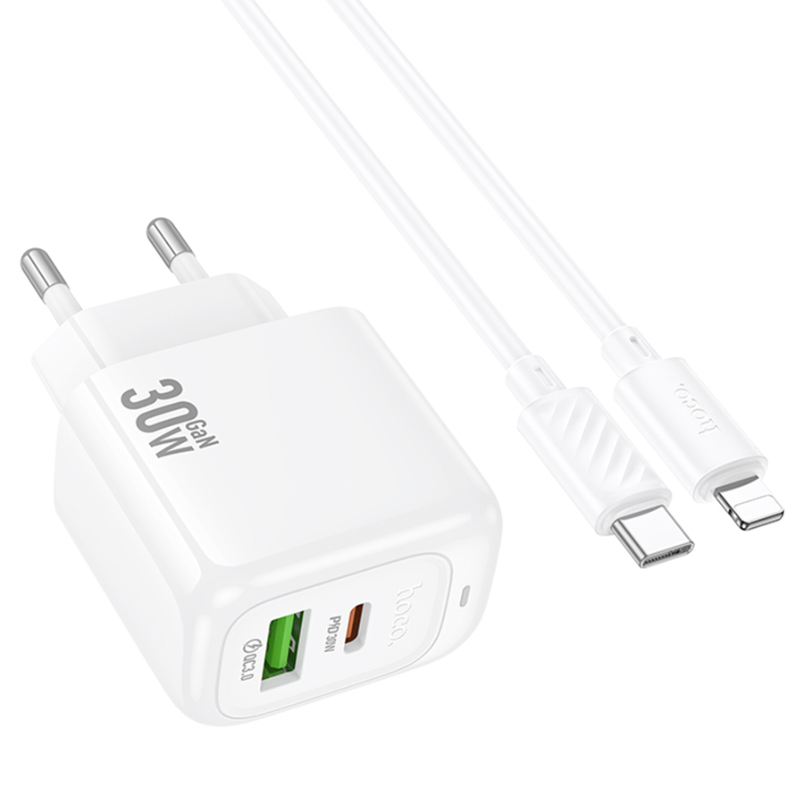 Сетевое зарядное устройство HOCO CS55A Surplus 1xUSB + 1xUSB-C с Кабелем Type-C - Lightning, 30W, белый фото