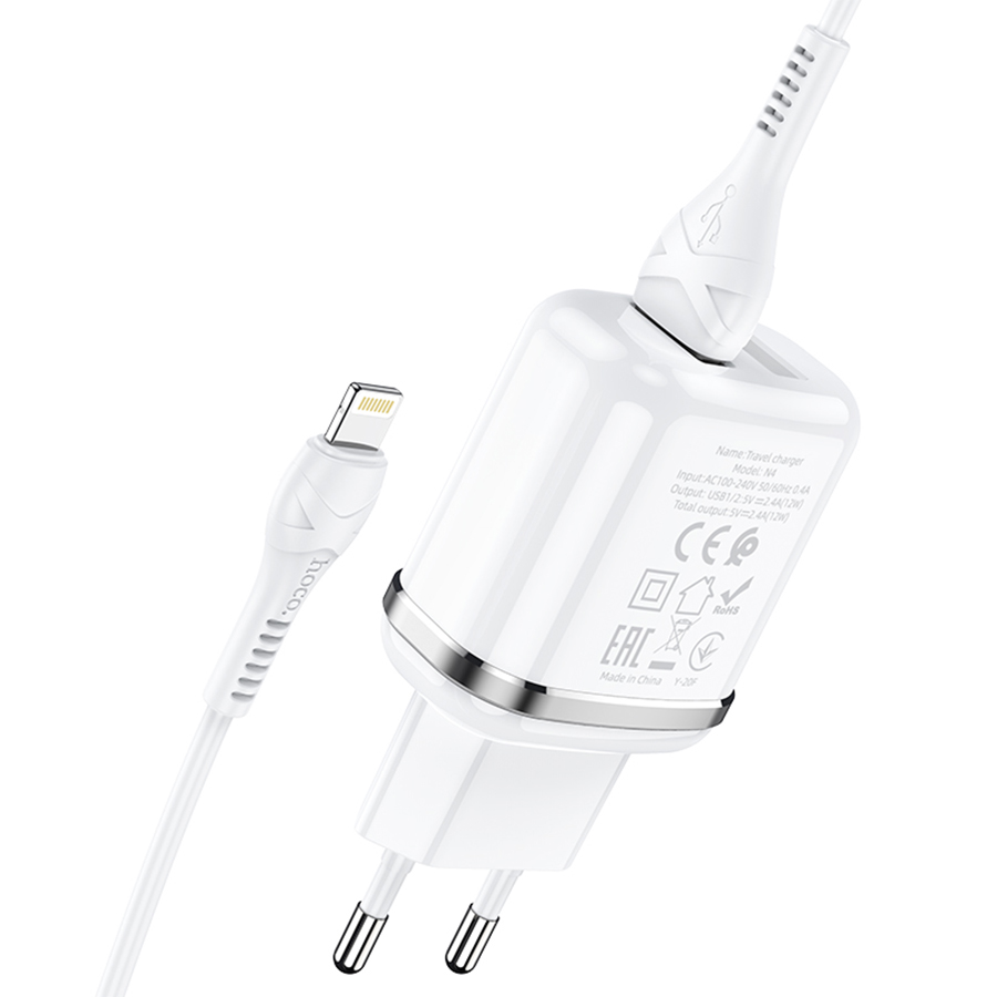 Сетевое зарядное устройство HOCO N4 Aspiring 2xUSB с Кабелем USB - Lightning, 2.4A, 10.8W, белый фото