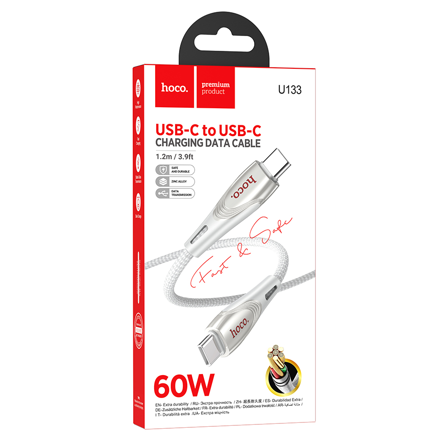 Кабель USB-C HOCO U133 Monte Type-C - Type-C, 3A, 60W, 1.2 м, серый фото