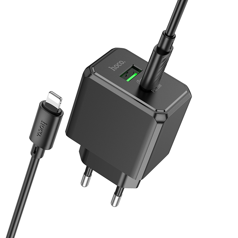 Сетевое зарядное устройство HOCO CS14A Ocean 1xUSB + 1xUSB-C с Кабелем Type-C - Lightning, 3A, 20W, черный фото