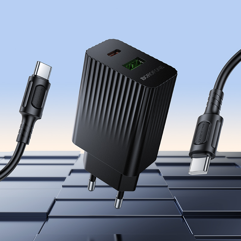 Сетевое зарядное устройство BOROFONE BAS74A Source 1xUSB + 1xUSB-C с Кабелем Type-C - Type-C, 3A, 20W, черный фото