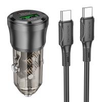 Автомобильное зарядное устройство BOROFONE BZ25 Journey, 1xUSB + 1xUSB-C с Кабелем Type-C - Type-C, 38W, прозрачный черный фото