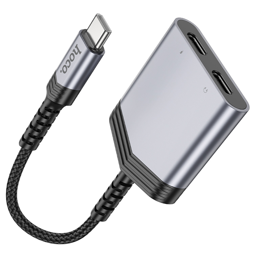 Переходник/Адаптер HOCO LS40 Type-C (m) - Dual Type-C (f), 8 см, серый металлик фото