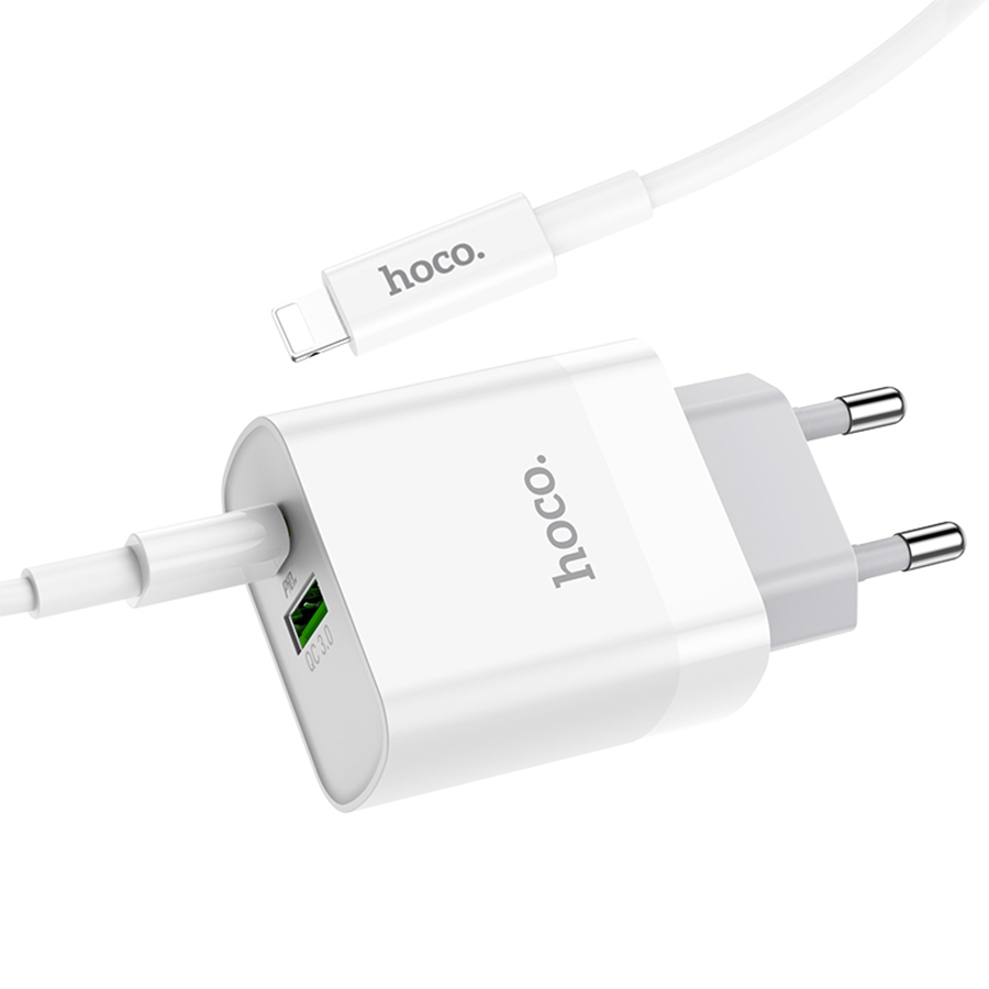 Сетевое зарядное устройство HOCO C80A Rapido 1xUSB + 1xUSB-C с Кабелем Type-C - Lightning, 3.1A, 20W, белый фото