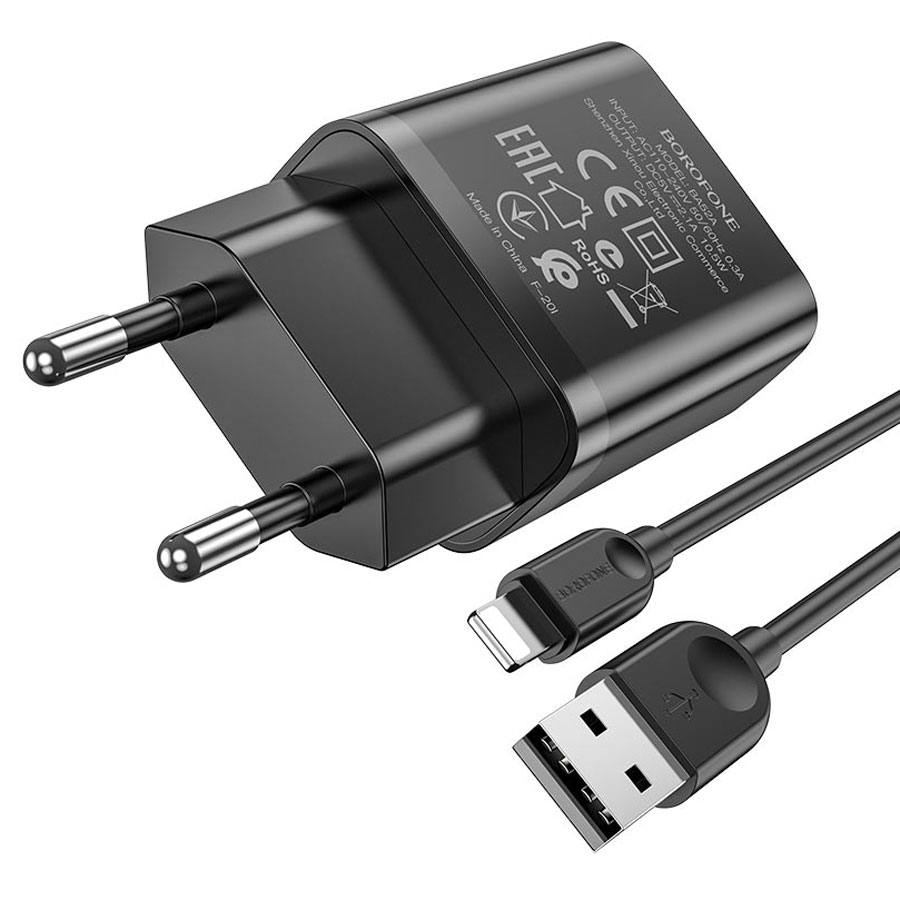 Сетевое зарядное устройство BOROFONE BA52A Gamble 1xUSB с Кабелем USB - Lightning, 2.1A, черный фото