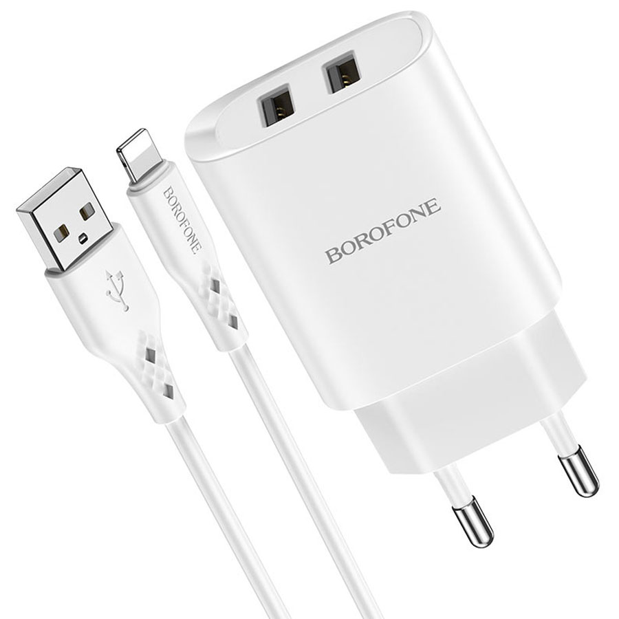 Сетевое зарядное устройство BOROFONE BN2 super fast 2xUSB с Кабелем USB - Lightning, 2.1A, белый фото