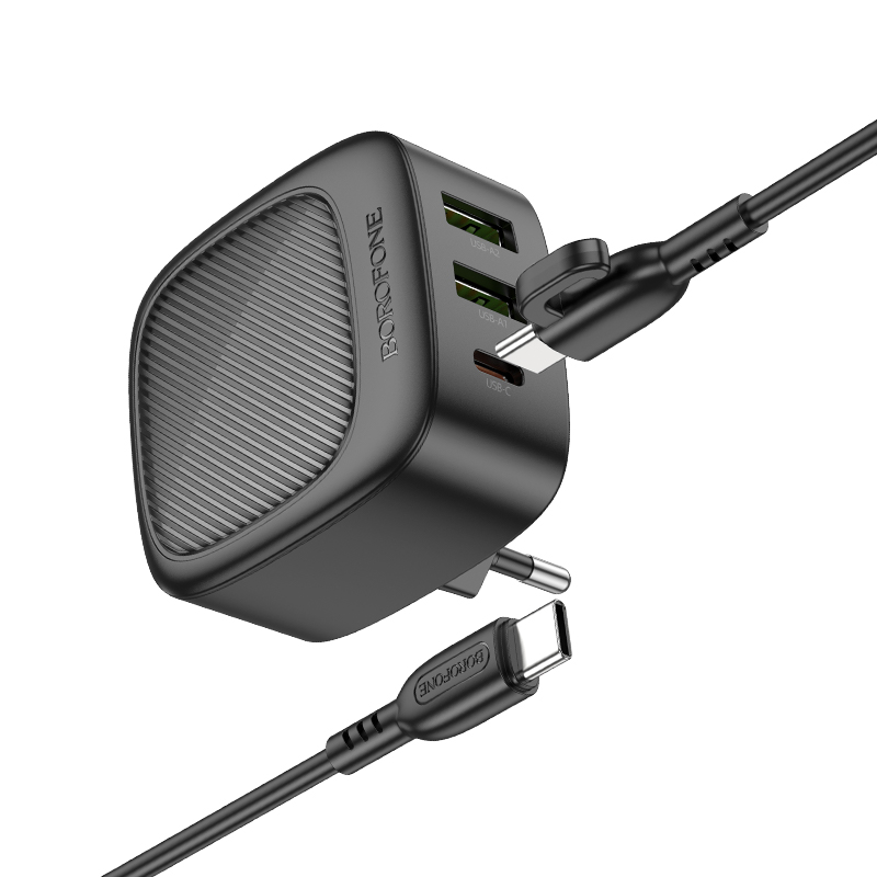 Сетевое зарядное устройство BOROFONE BAS23A Lucky 1xUSB + 2xUSB-C с Кабелем Type-C - Type-C, 3A, 30W, черный фото