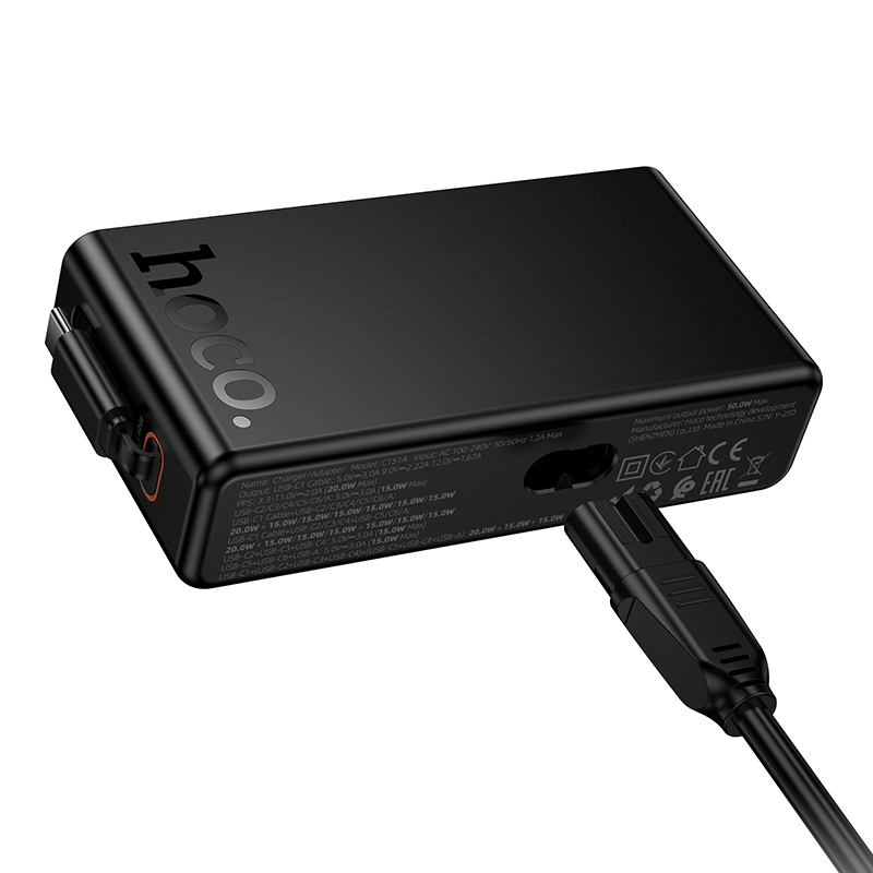 Сетевое зарядное устройство HOCO C151A Modern 1xUSB + 6xUSB-C с Кабелем Type-C, 3A, 70W, черный фото
