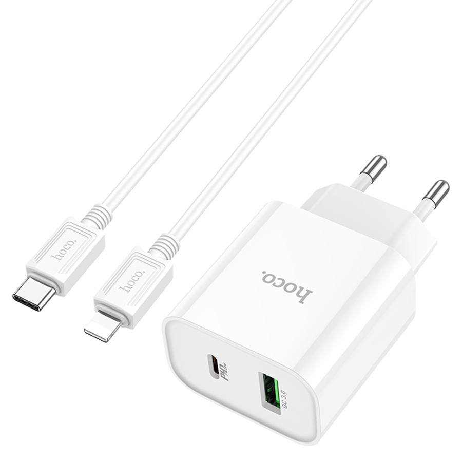 Сетевое зарядное устройство HOCO C80A Plus 1xUSB + 1xUSB-C с Кабелем Type-C - Lightning, 3.0A, 20W, белый фото