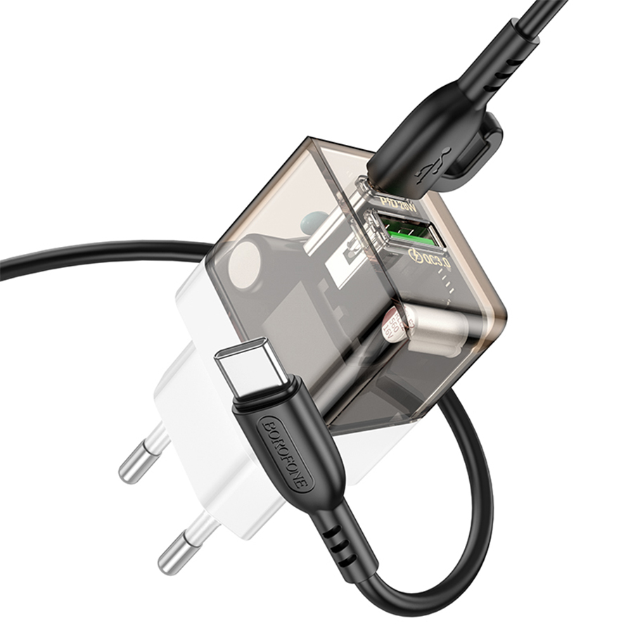 Сетевое зарядное устройство BOROFONE BA80A Scenery 1xUSB + 1xUSB-C с Кабелем Type-C - Type-C, 20W, черный фото