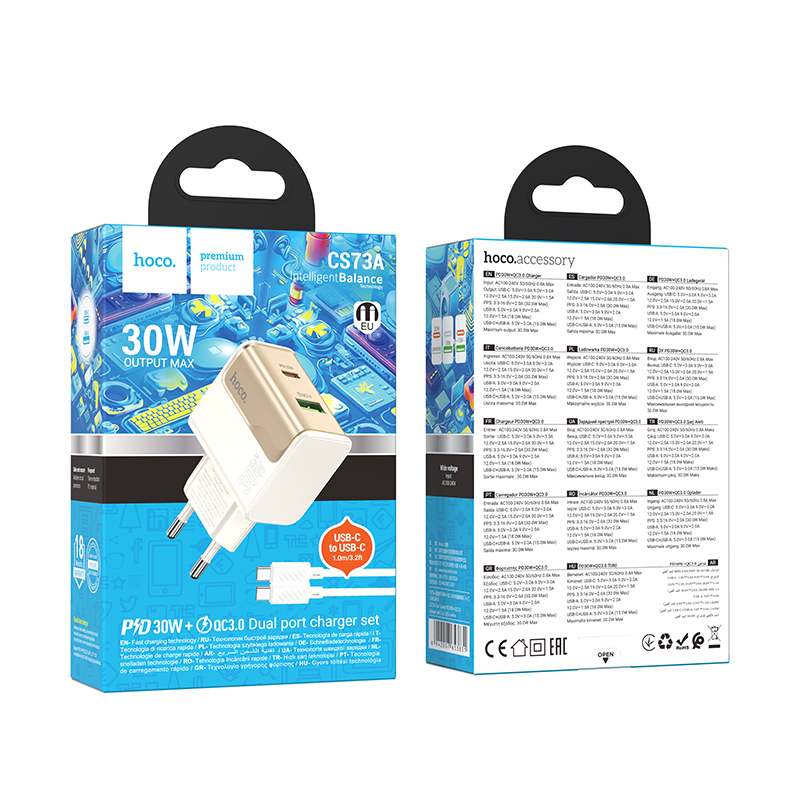 Сетевое зарядное устройство HOCO CS73A Star 1xUSB + 1xUSB-C с Кабелем Type-C - Type-C, 3A, 30W, белый фото