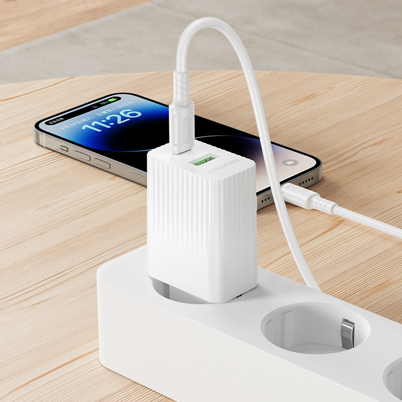 Сетевое зарядное устройство BOROFONE BAS74A Source 1xUSB + 1xUSB-C с Кабелем Type-C - Lightning, 3A, 20W, белый фото