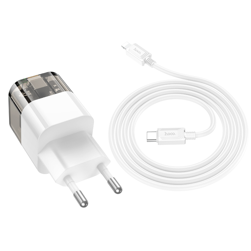 Сетевое зарядное устройство HOCO C131A Platinum 1xUSB + 1xUSB-C с Кабелем Type-C - Lightning, 3A, 30W, прозрачный черный фото