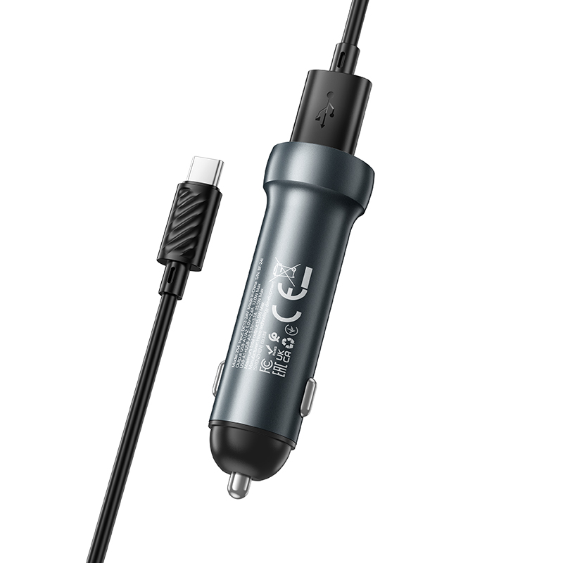 Автомобильное зарядное устройство HOCO Z54 Prosperous, 2xUSB с Кабелем USB - Type-C, 3.1A, 15.5W, серый металлик фото
