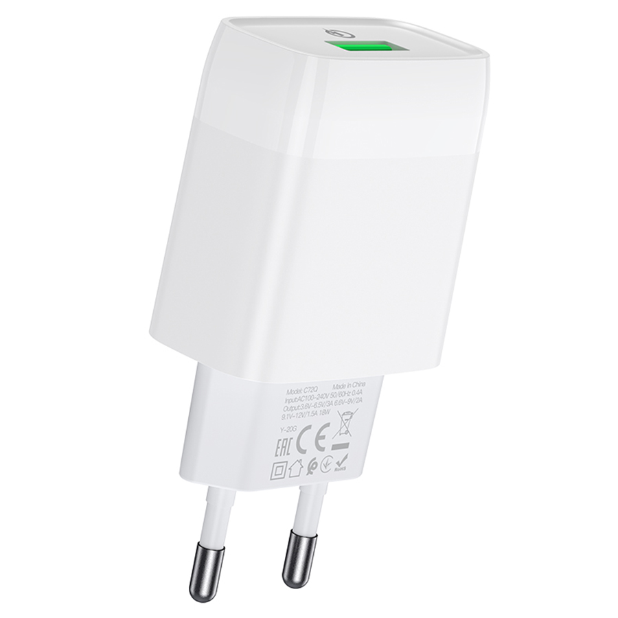 Сетевое зарядное устройство HOCO C72Q Glorious 1xUSB, 3.0A, 18W, белый фото
