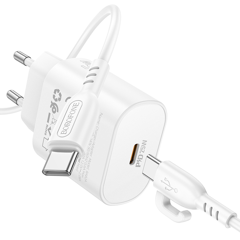 Сетевое зарядное устройство BOROFONE BA82A Platinum 1xUSB-C с Кабелем Type-C - Type-C, 25W, белый фото