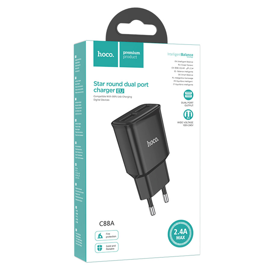 Сетевое зарядное устройство HOCO C88A Star 2xUSB, 2.4A, 10.8W, черный фото