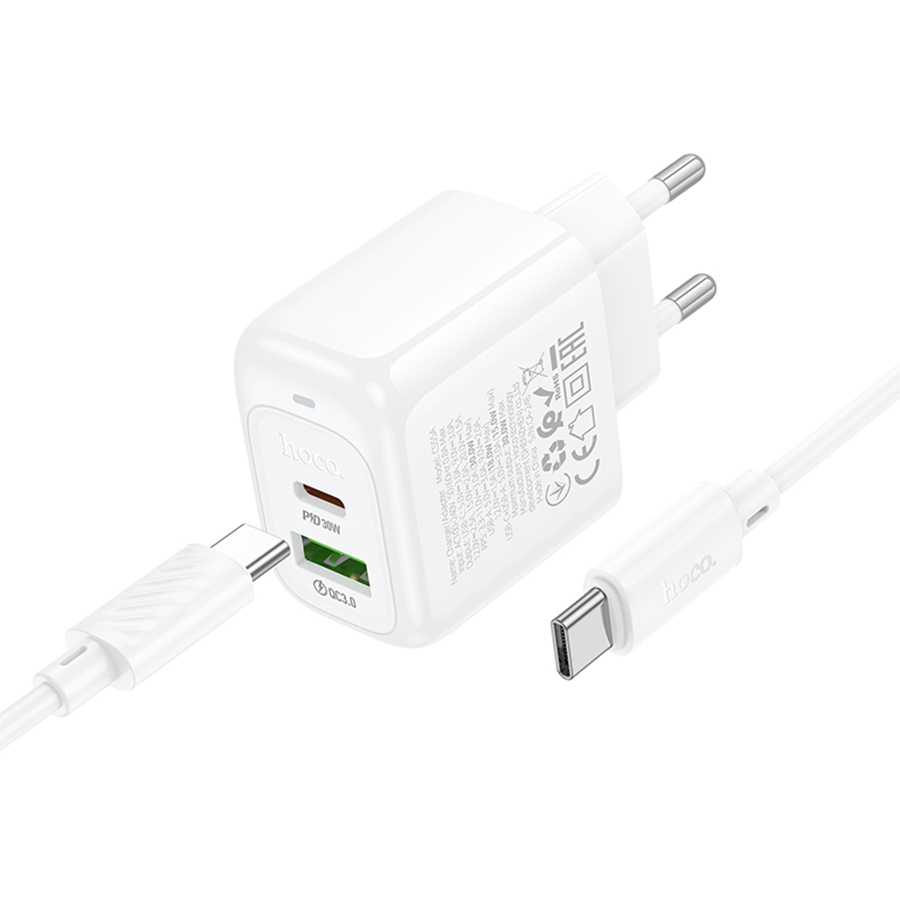 Сетевое зарядное устройство HOCO CS55A Surplus 1xUSB + 1xUSB-C с Кабелем Type-C - Type-C, 30W, белый фото